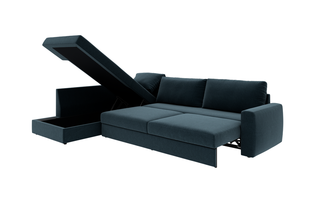 Mørkeblå sovesofa med chaiselong og åbent opbevaringsrum.