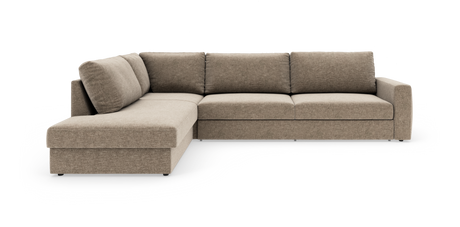 Beige L‑formet modulsofa med venstrevendt chaiselong, stofbetrukket og med lige armlæn, frilagt på hvid baggrund.