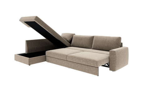 Beige modulsofa med chaiselong, opklappeligt opbevaringsrum og udtrækkelig sovefunktion, frilagt på hvid baggrund.