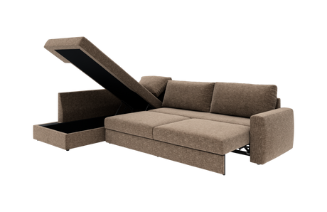Brun sovesofa med chaiselong og åben opbevaring i chaiselongen, vist i vinkel på neutral baggrund.