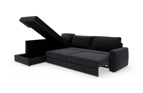 Mørkegrå hjørnesovesofa med åbent opbevaringsrum i chaiselongen, frilagt på hvid baggrund.