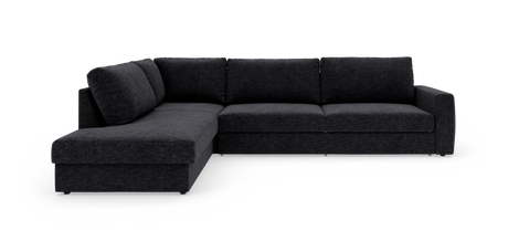 Mørkegrå L‑sofa med chaiselong til venstre på hvid studiebaggrund.