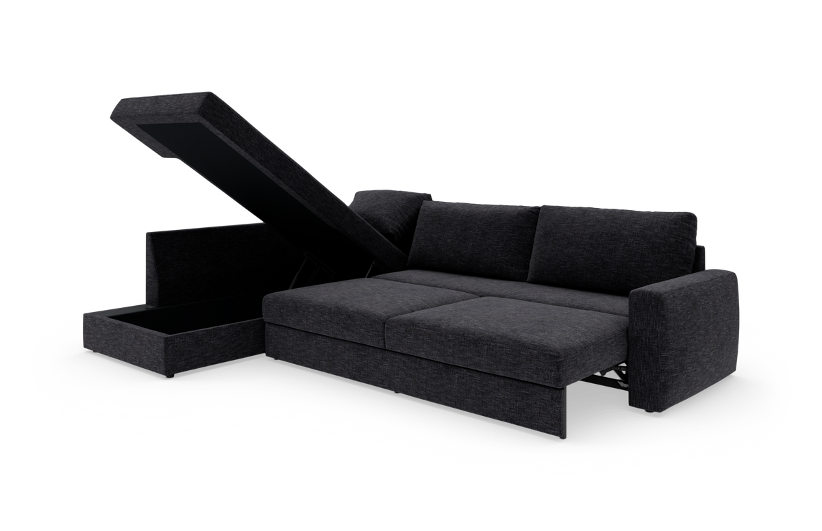 Mørkegrå hjørnesofa med sovefunktion og åben chaiselong med opbevaring, frilagt på hvid baggrund.