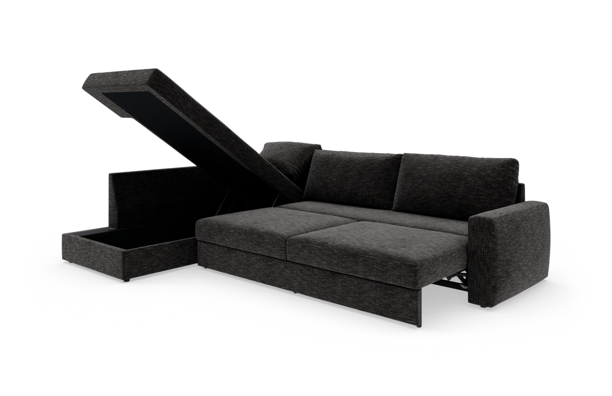 Mørkegrå sovesofa med chaiselong og opklappeligt opbevaringsrum, frilagt på hvid baggrund.