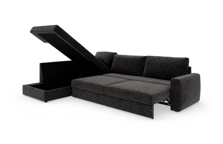 Mørkegrå sovesofa med chaiselong og opklappeligt opbevaringsrum, frilagt på hvid baggrund.