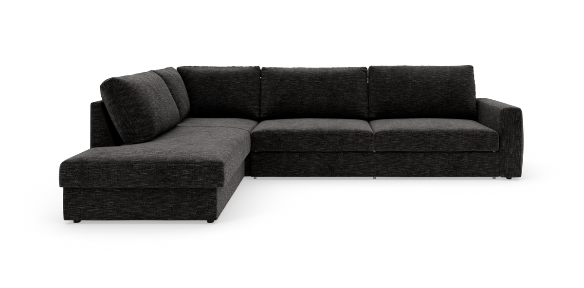 Mørkegrå L‑sofa med venstre chaiselong og lige armlæn, frilagt på hvid baggrund.