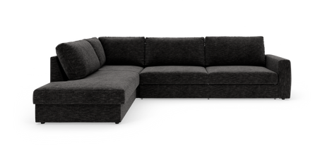 Mørkegrå L‑sofa med venstre chaiselong og lige armlæn, frilagt på hvid baggrund.