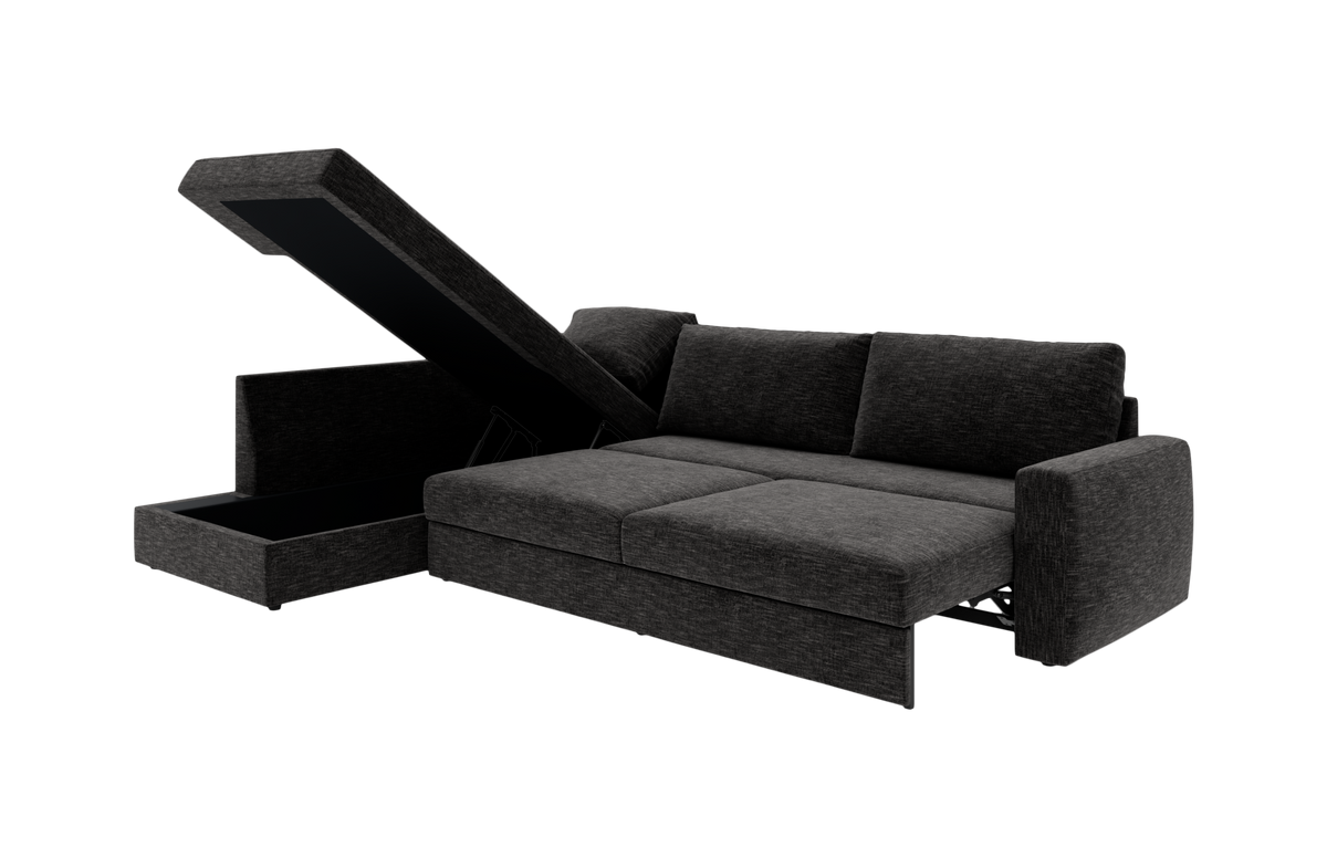 Mørkegrå sovesofa med chaiselong og opklappeligt opbevaringsrum, vist i 3/4‑vinkel.