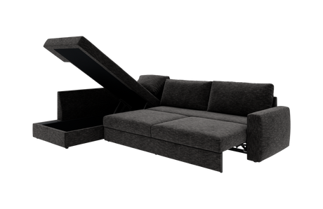 Mørkegrå sovesofa med chaiselong og opklappeligt opbevaringsrum, vist i 3/4‑vinkel.