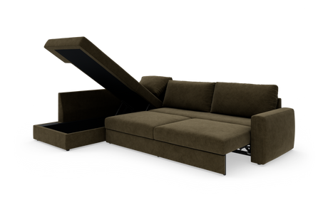 Mørkebrun sovesofa med chaiselong og opklappelig opbevaring, vist i vinklet studiovisning.