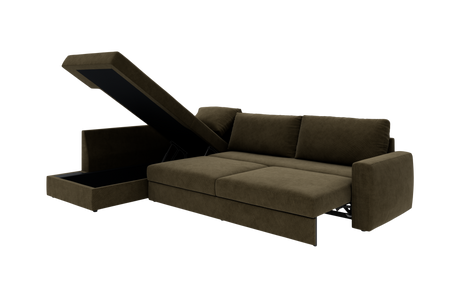 Mørk olivgrøn sovesofa med chaiselong og åbent opbevaringsrum, vist i studie.