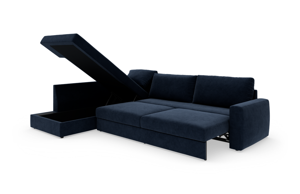 Mørkeblå sovesofa med chaiselong og åben opbevaring, frilagt på hvid baggrund.