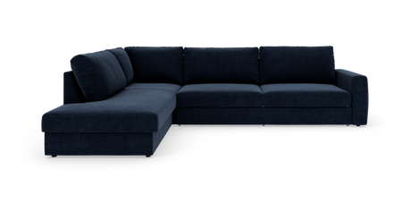 Mørkeblå L‑sofa med venstre chaiselong, moderne og polstret, frilagt på hvid baggrund.