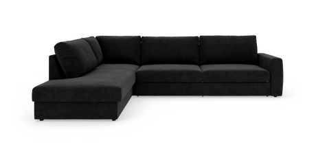 Sort L-formet hjørnesofa med venstrevendt chaiselong på hvid baggrund.