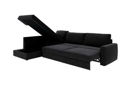 Sort hjørnesofa med chaiselong og opbevaring, låget er åbent; frilagt produktfoto i skrå frontvinkel.