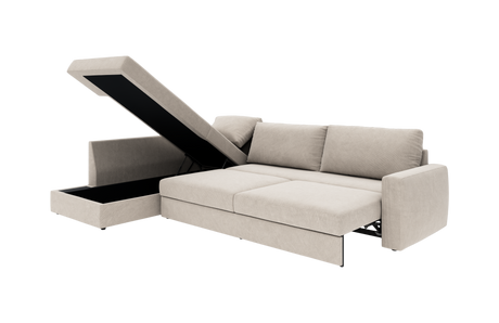 Beige sovesofa med chaiselong og opklappeligt opbevaringsrum, vist i udfoldet position.