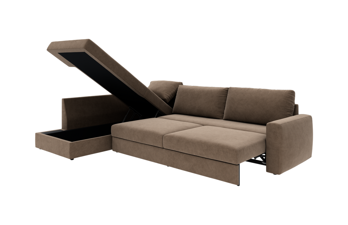 Brun sovesofa med chaiselong og løftbart opbevaringsrum, fritlagt på hvid baggrund.