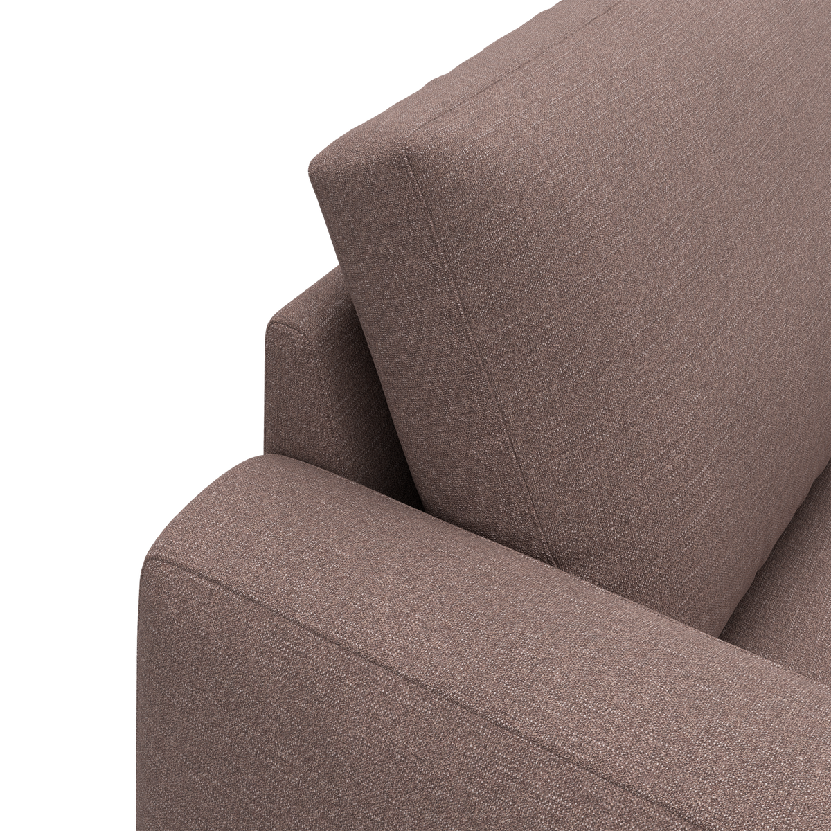 Nærbillede af brun stofsofa med armlæn og ryghynde.