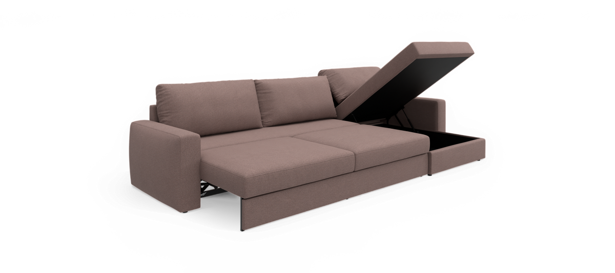 3-personers stofsofa i taupe med chaiselong og opklappelig opbevaring i chaiselongen.