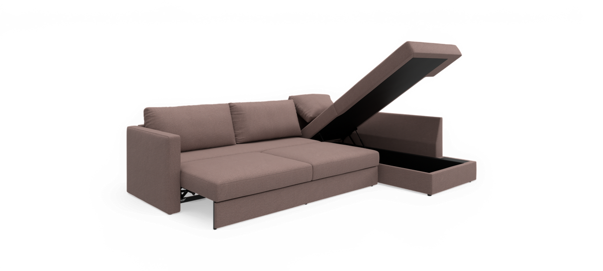 Brun stofsofa med chaiselong og opklappeligt låg, der afslører opbevaringsplads, frilagt på hvid baggrund.