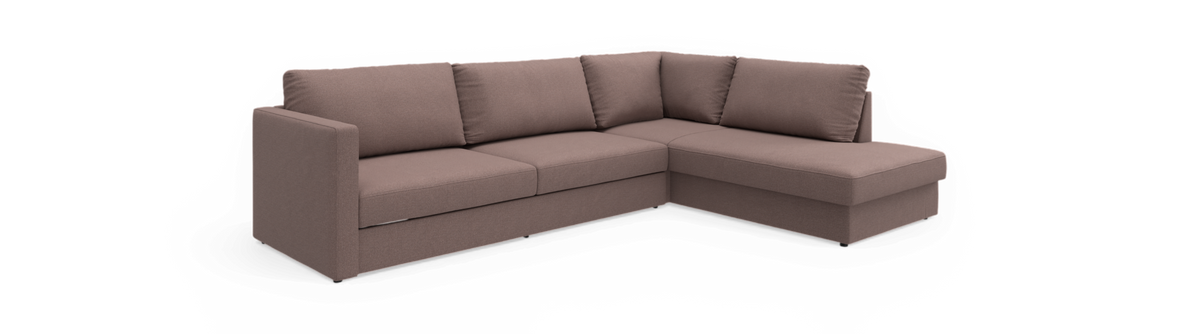 Højrevendt chaiselong hjørnesofa i taupe stof, moderne, lige linjer med løse ryghynder.