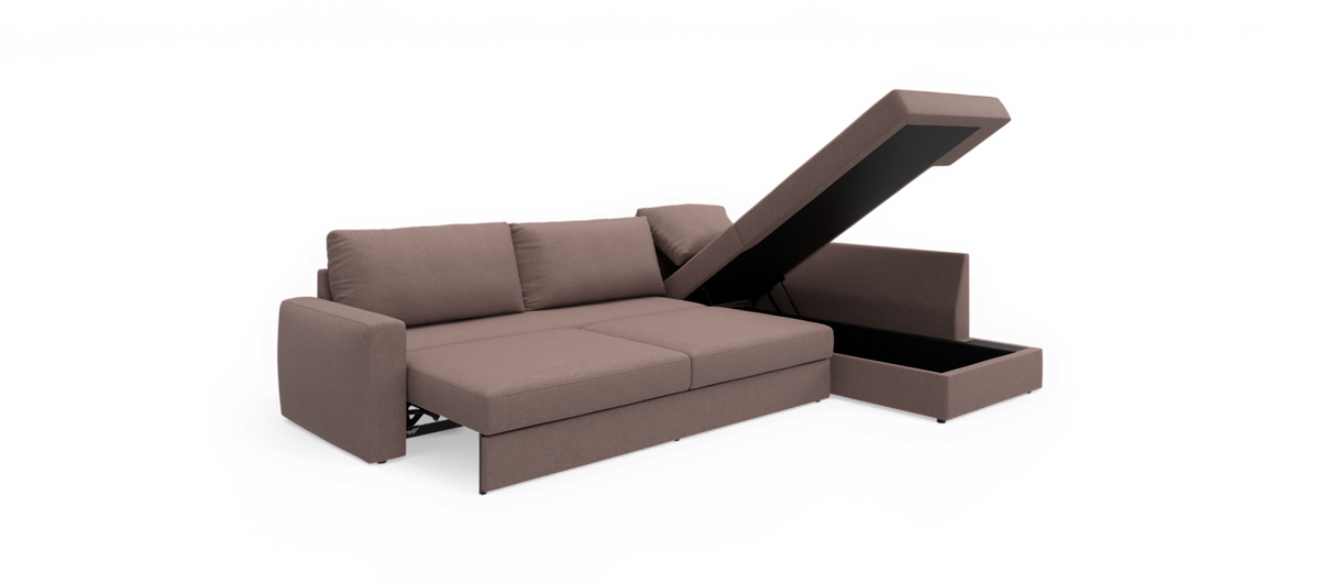 Brun sovesofa med chaiselong og opklappet opbevaringsrum i siden, frilagt på hvid baggrund.