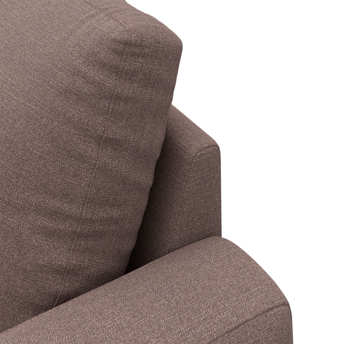 Nærbillede af armlænet og ryghynden på en brun stofsofa mod hvid baggrund.
