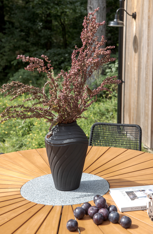 Sort, struktureret vase med tørrede grene på rundt træbord udendørs; blommer ligger ved siden af sammen med bogen Scandi Rustic.