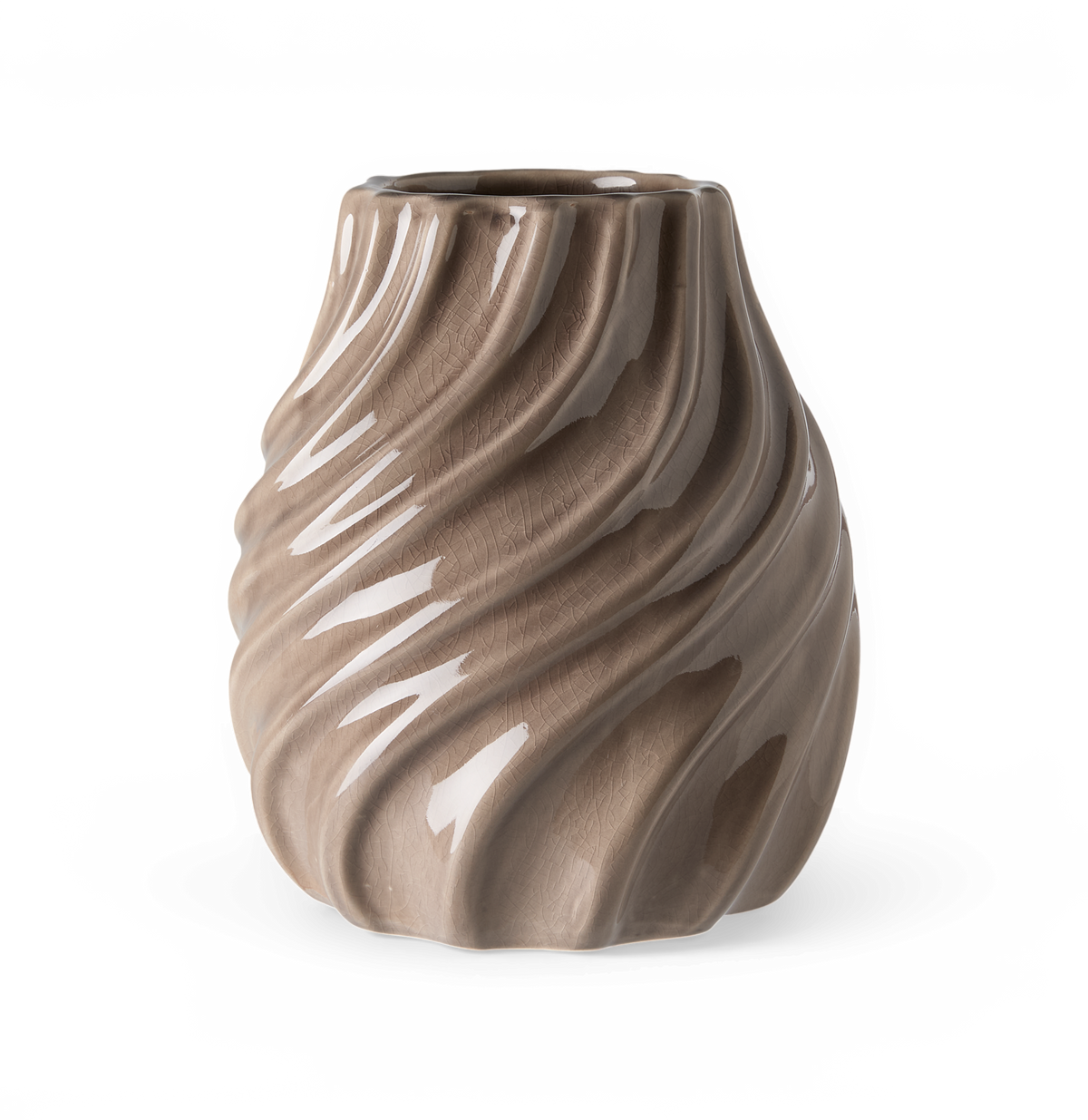 Glaseret beige vase med spiralformet, rillet struktur.
