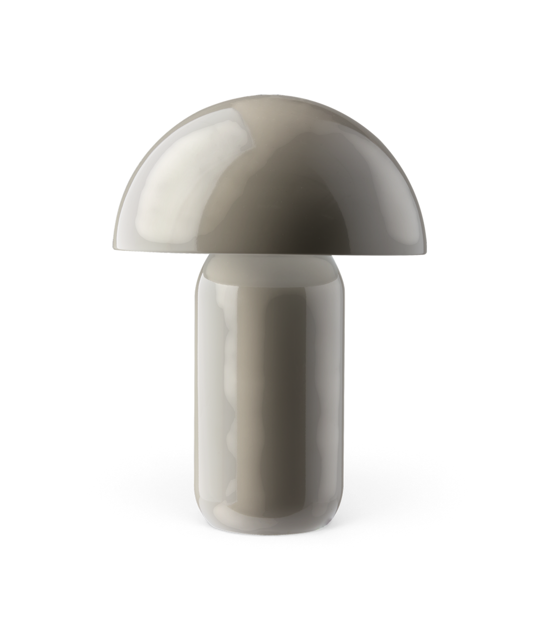 Svampeformet bordlampe i blank varmgrå/beige tone på hvid baggrund.
