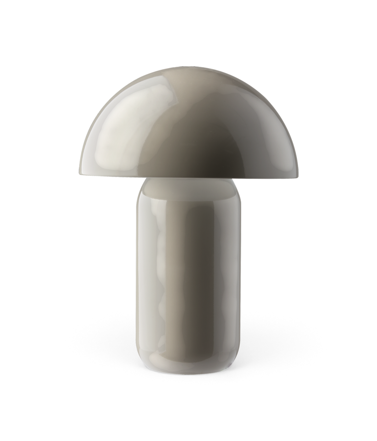 Svampeformet bordlampe i blank varmgrå/beige tone på hvid baggrund.