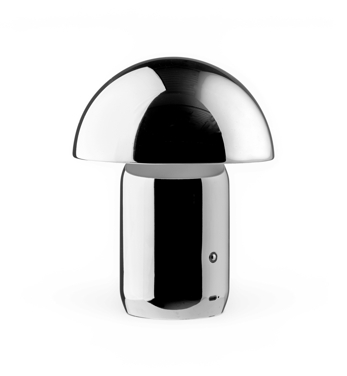 Kompakt svampeformet bordlampe i krom, bærbar med USB‑C‑port og tænd/sluk-knap.