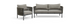 Moderne udendørs sofa og loungestol med grå hynder og mørk ramme med snor, frilagt på hvid baggrund.
