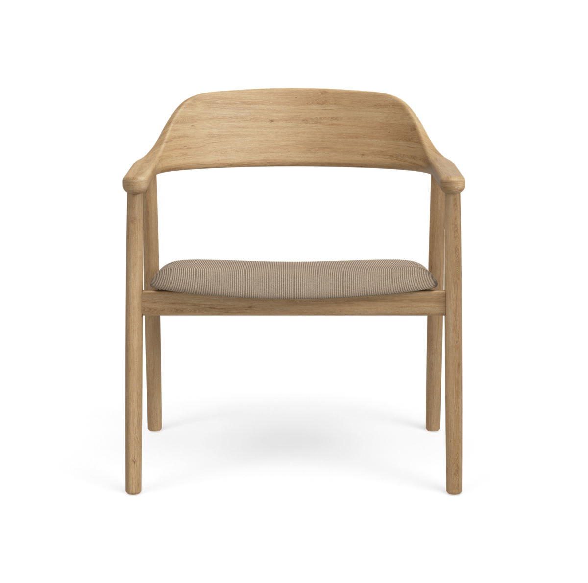 Træstol med armlæn, buet ryg og beige sæde, frontvisning.