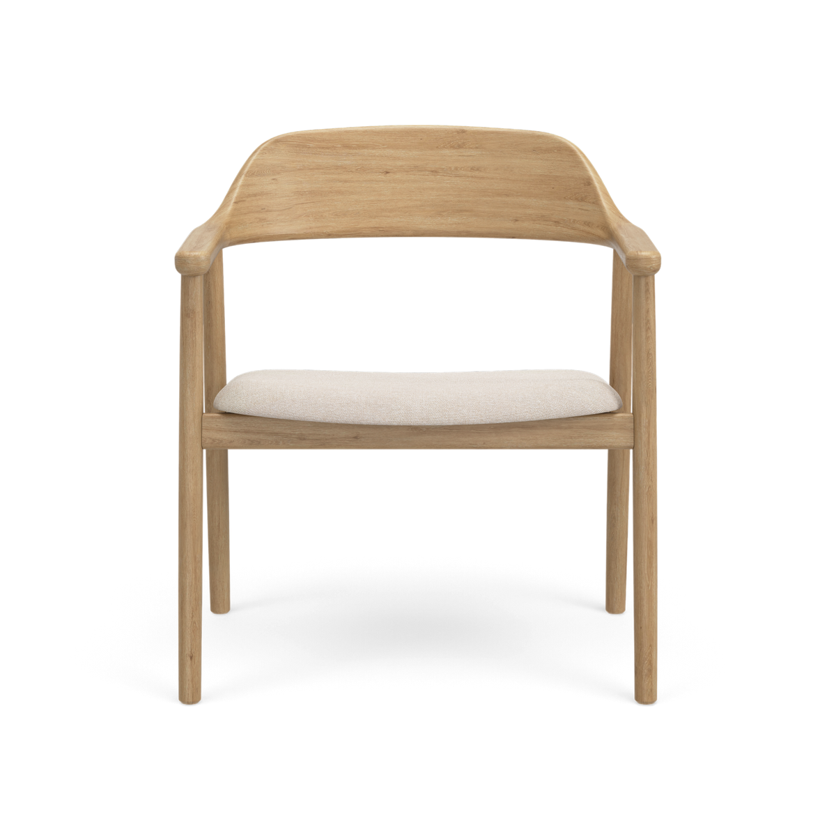 Lys egetræsstol med buet ryglæn og beige polstret sæde, frontvisning på hvid baggrund.