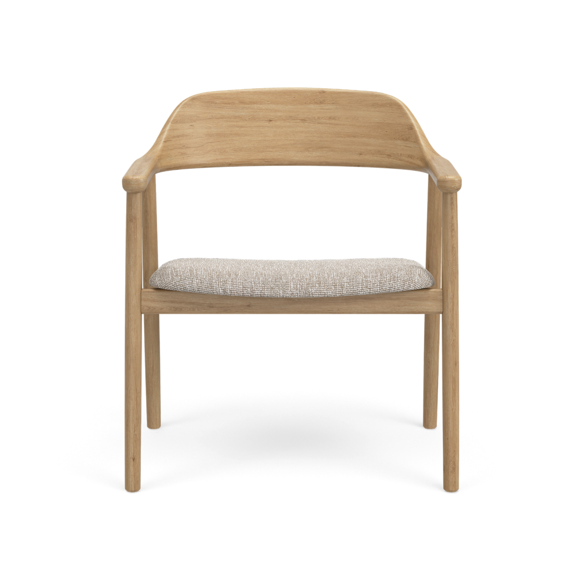 Forfra: stol i lyst egetræ med buet ryglæn og beige stofsæde.