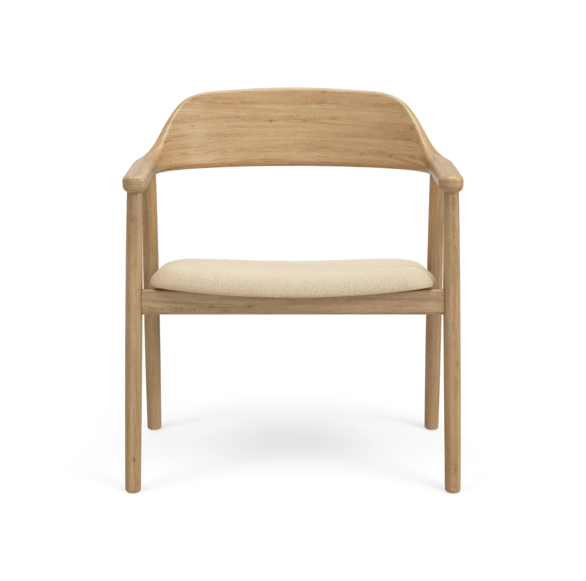 Lys egetræsstol med buet ryglæn og beige polstret sæde, frontvisning mod hvid baggrund.