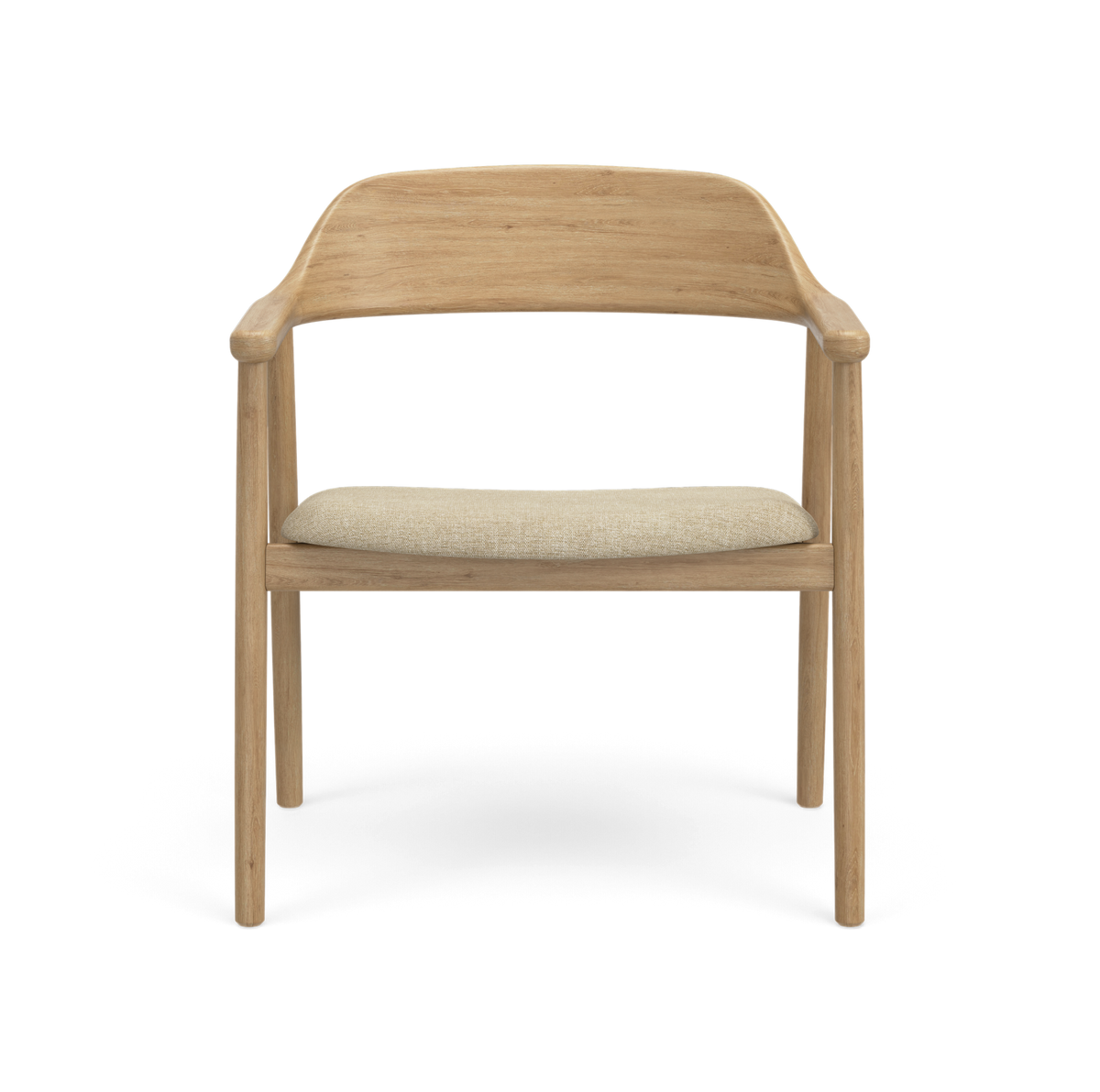 Stol i lyst træ med rund ryglæn og beige sæde, set forfra.