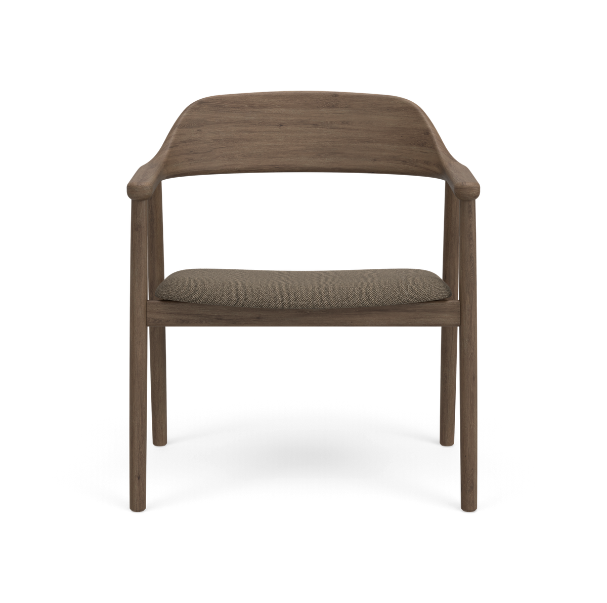 Forfra: moderne træstol i brun træ med buet ryglæn og polstret grå-beige sæde, frilagt.
