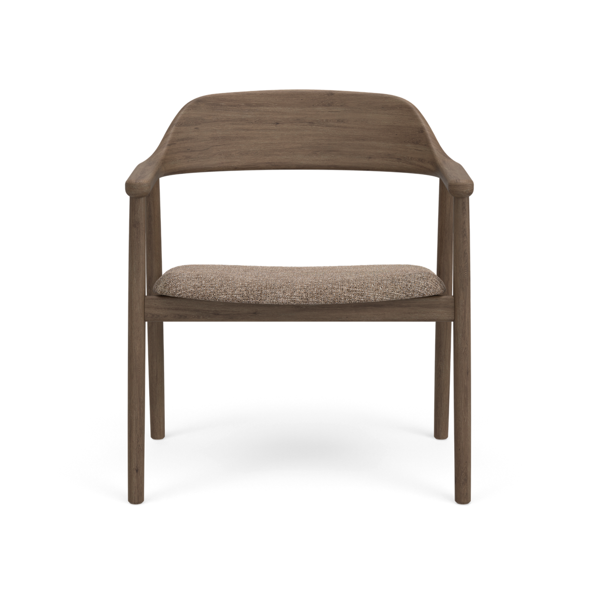 Træstol med buet ryglæn og armlæn, polstret beige sæde, frontvisning på neutral baggrund.