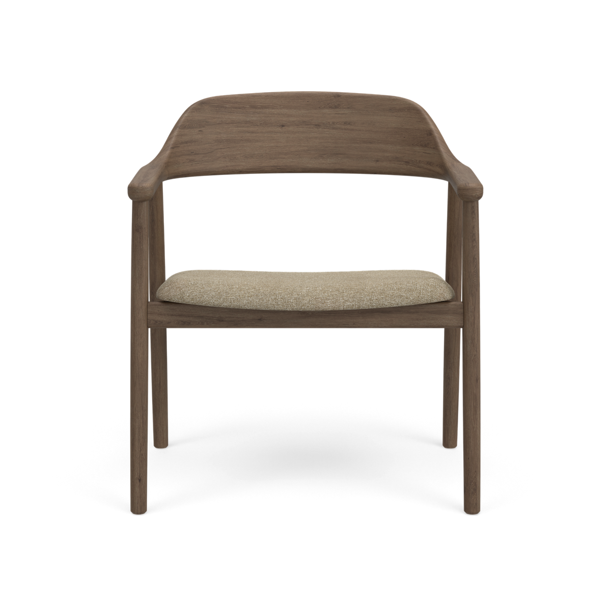 Stol i mørkt træ med buet ryglæn og beige sæde, frontvisning.