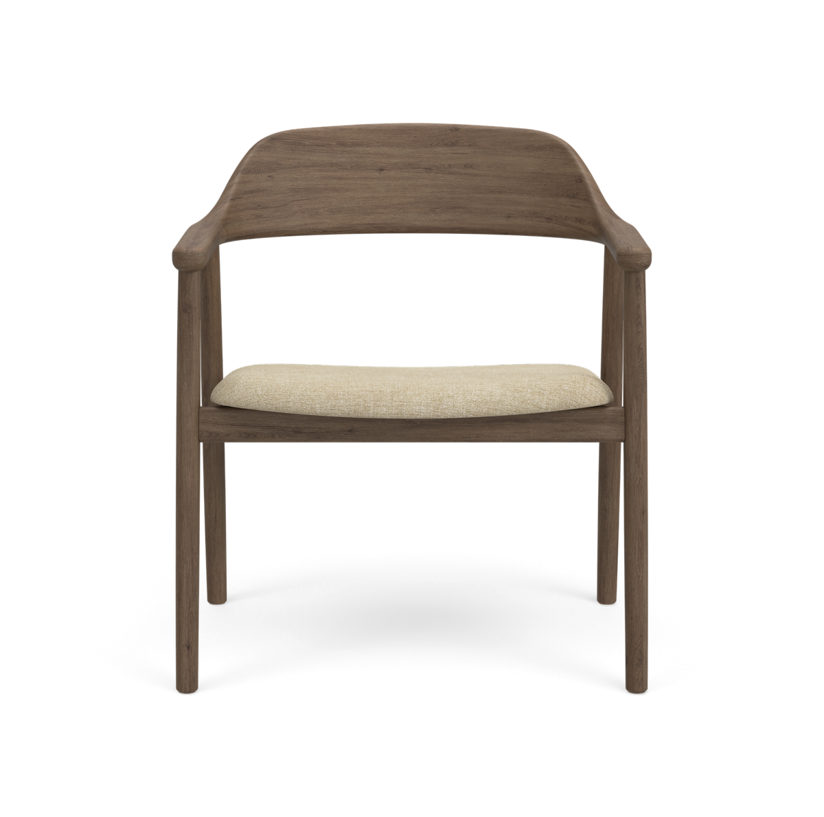Træstol med buet ryglæn og beige polstret sæde, frontvisning.