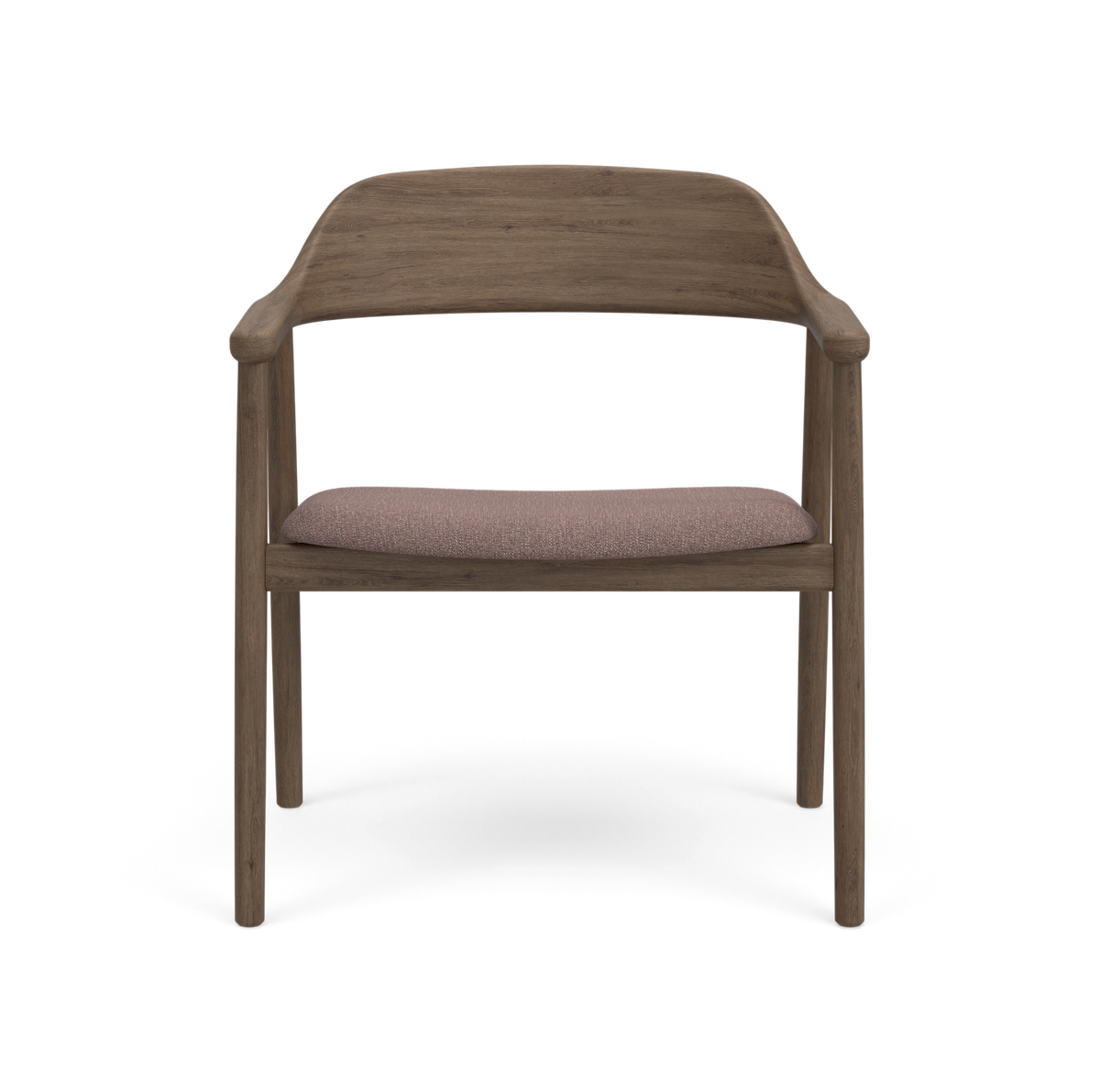 Frontvisning af en moderne stol i mørkt træ med rosabeige polstret sæde.