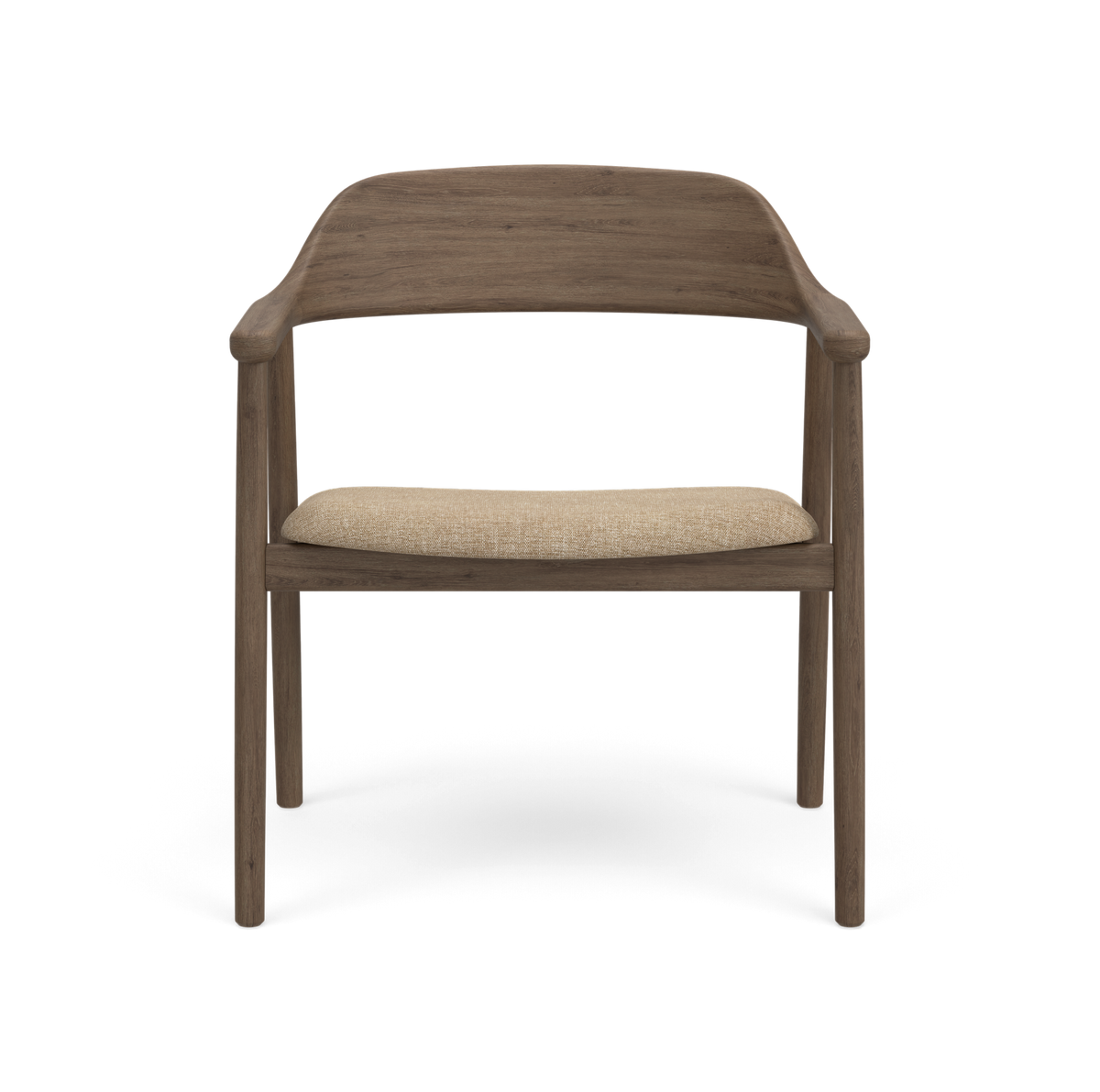 Stol i mørkebrunt træ med lys beige sæde, frontvisning.