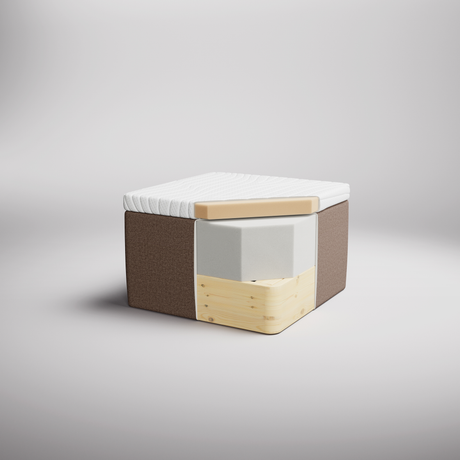 Skåret model af en madras/sengebase med lag: hvid top, beige skum, gråt skum og træramme på neutral baggrund.