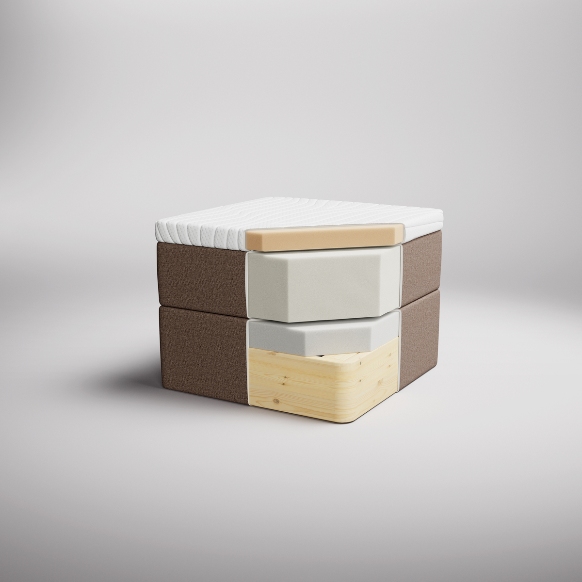 Seng med udskåret hjørnesektion, der viser madrassens lag: hvid quiltet top, beige skum, grå skumlag og træbase med brun tekstil omkring, på neutral studiobaggrund.
