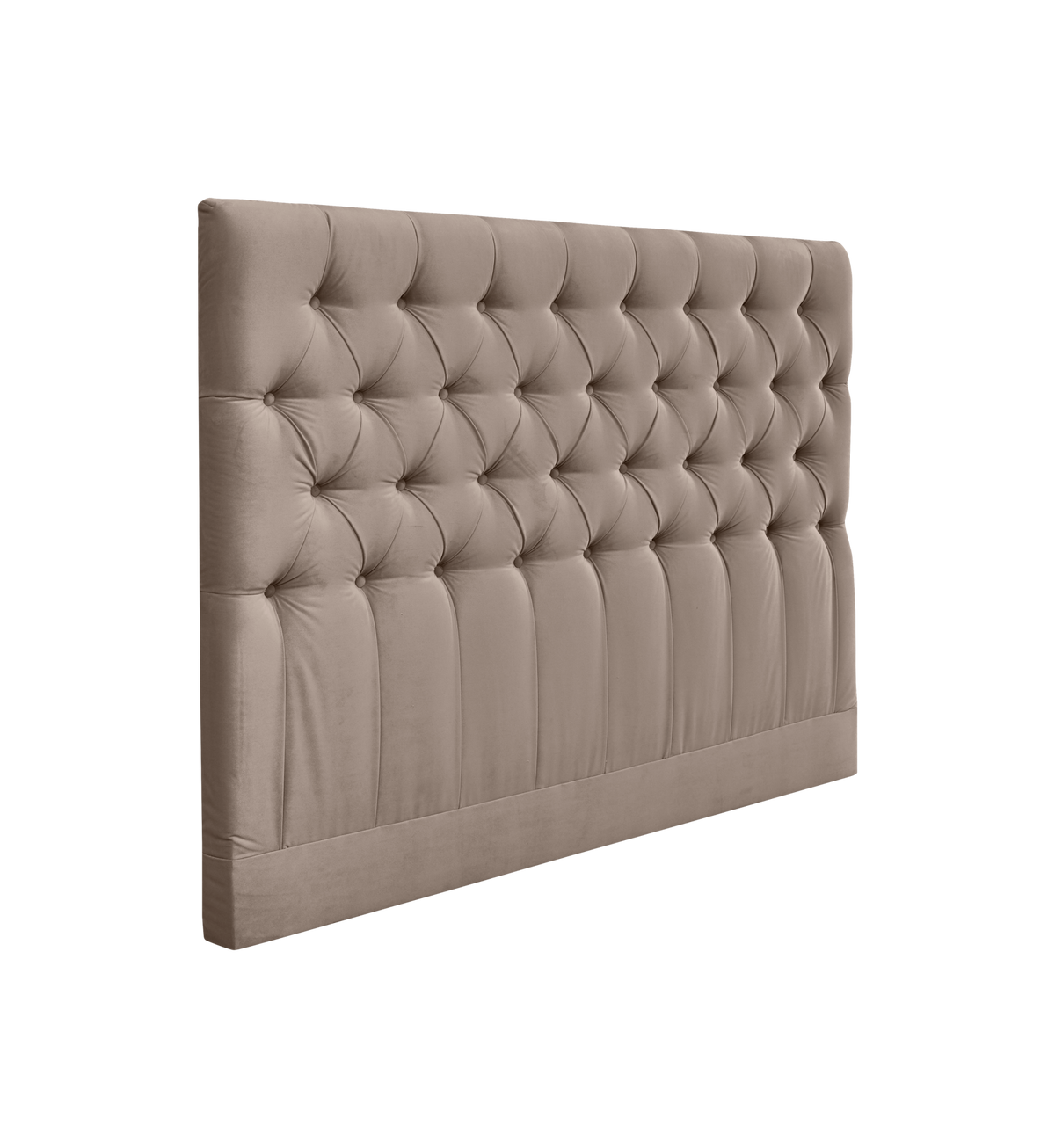 Sengegavl i beige velour med dyb tufting og knapper, vist i 3/4-vinkel på hvid baggrund.