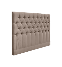 Sengegavl i beige velour med dyb tufting og knapper, vist i 3/4-vinkel på hvid baggrund.