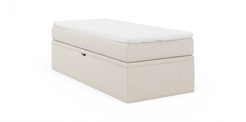 Beige sengeramme/modul med hvid topmadras på hvid baggrund._ps