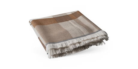 Sammenfoldet ternet plaid i beige og brune nuancer med frynset kant.